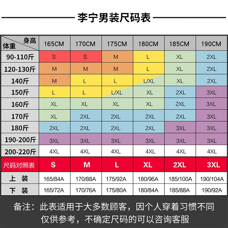 李宁卫衣尺码表图片