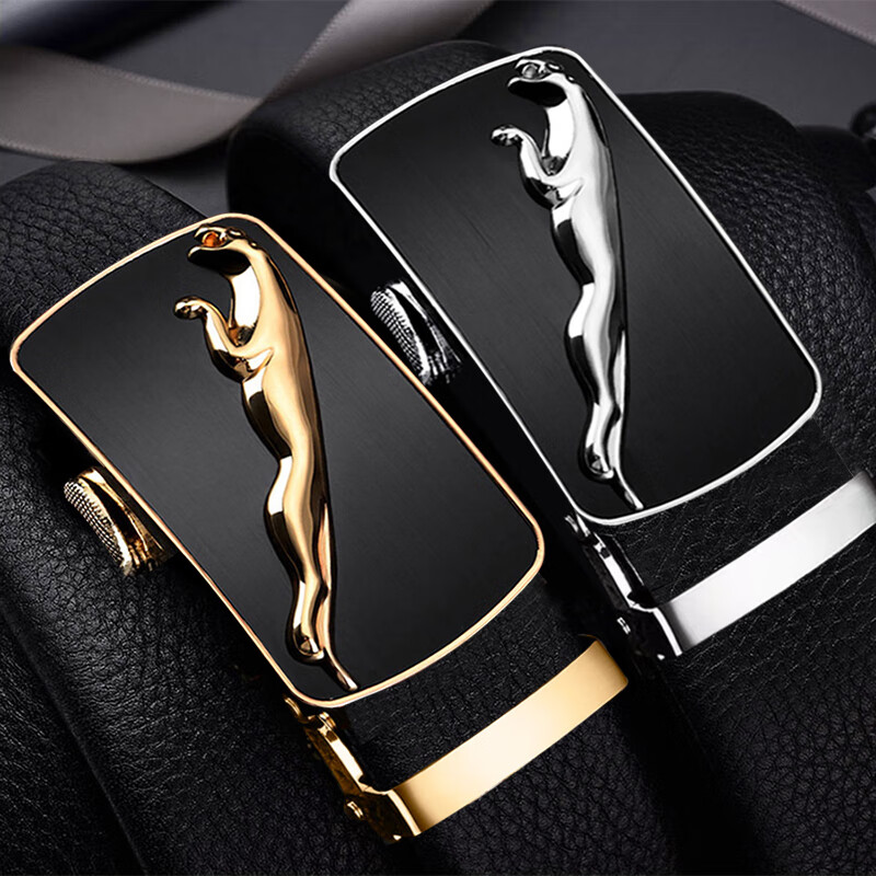 POACY真皮头层牛皮带 男士腰带捷豹子 情人节裤带男式款 礼盒装 807金【配银色扣】头层牛皮黑身 115cm 【默认发115cm】