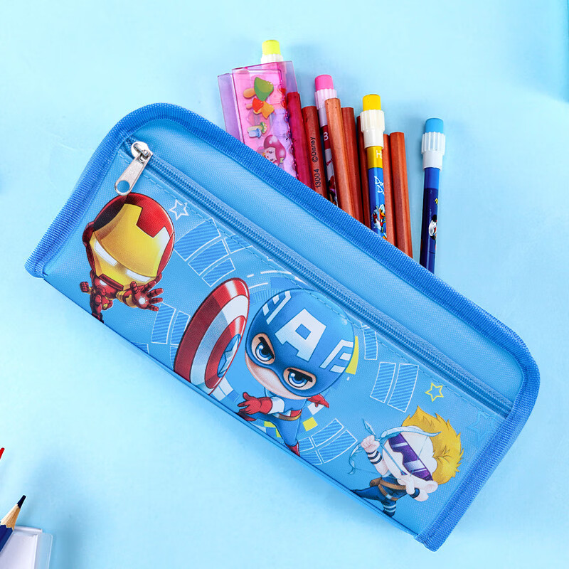 漫威（MARVEL）双层大容量笔袋 小学生可爱卡通文具盒 耐磨简易铅笔盒男 漫威英雄系列 蓝色