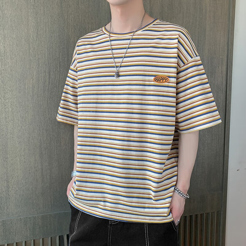 卡度顿小码男装矮小个子夏季新款短袖t条纹恤衣服ins宽松五分袖上衣男