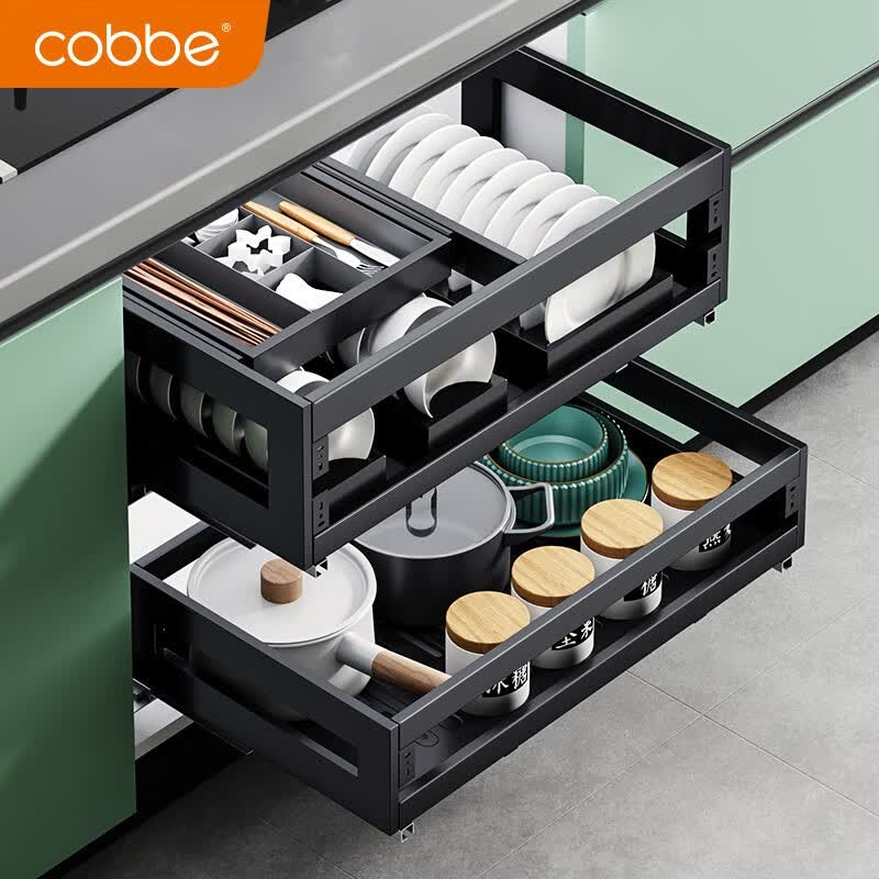 卡贝cobbe拉篮厨房橱柜不锈钢抽中抽双层内置抽屉式厨柜碗碟拉蓝碗篮