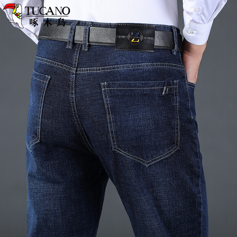 啄木鸟（TUCANO）牛仔裤男2022秋季韩版时尚商务休闲裤男士潮流百搭弹力修身直筒长裤子男装 深蓝 35