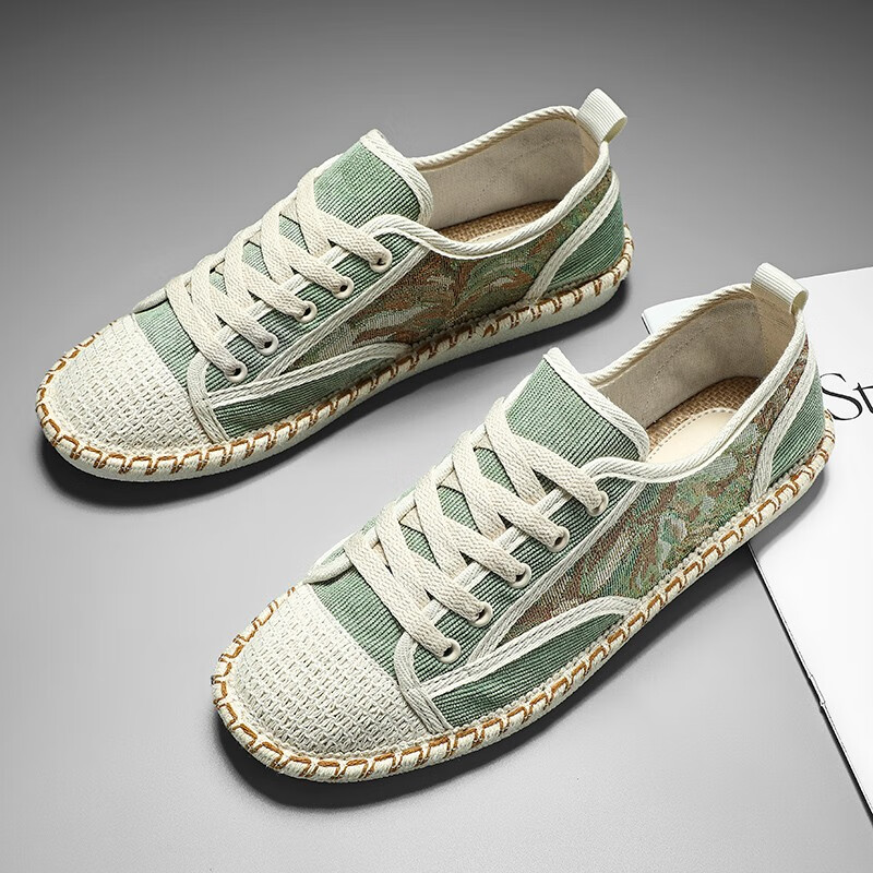 新款帆布鞋男士日系简约亚麻布鞋时尚潮流休闲男鞋 绿色 44运动鞋码