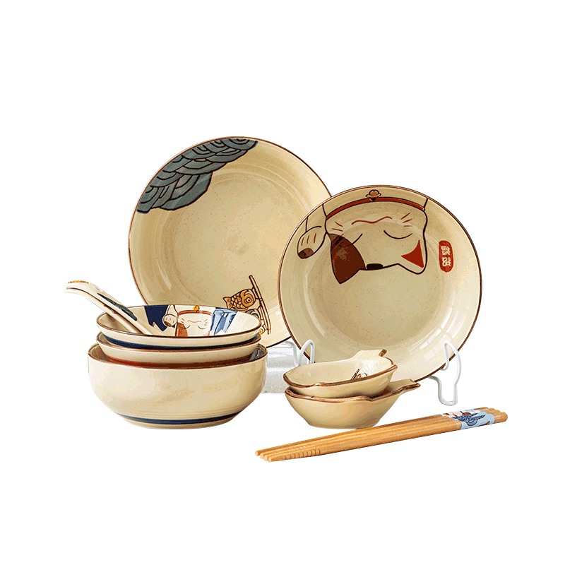 【樱之歌】家用陶瓷碗碟盘日式釉下彩餐具招财猫套装11件价格走势，口碑信誉俱佳|碗活动价格历史