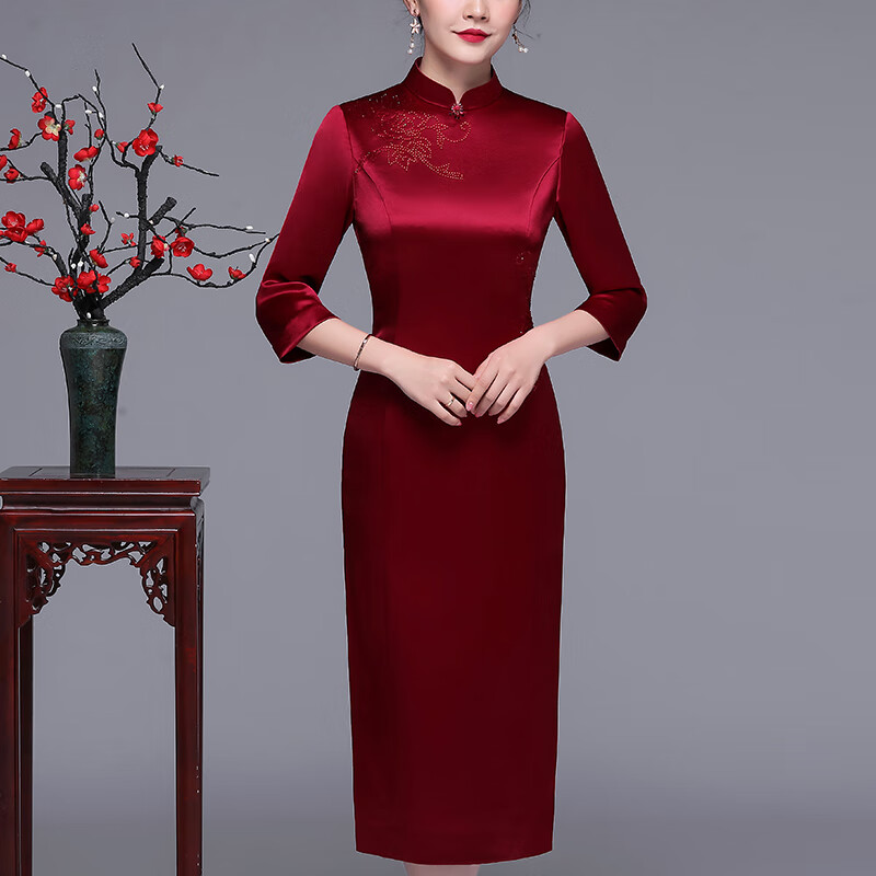 艾詩甜婆婆裝婚禮服酒紅媽媽裝旗袍裙喜宴高貴連衣裙母親改良大碼秋新款 如圖 L