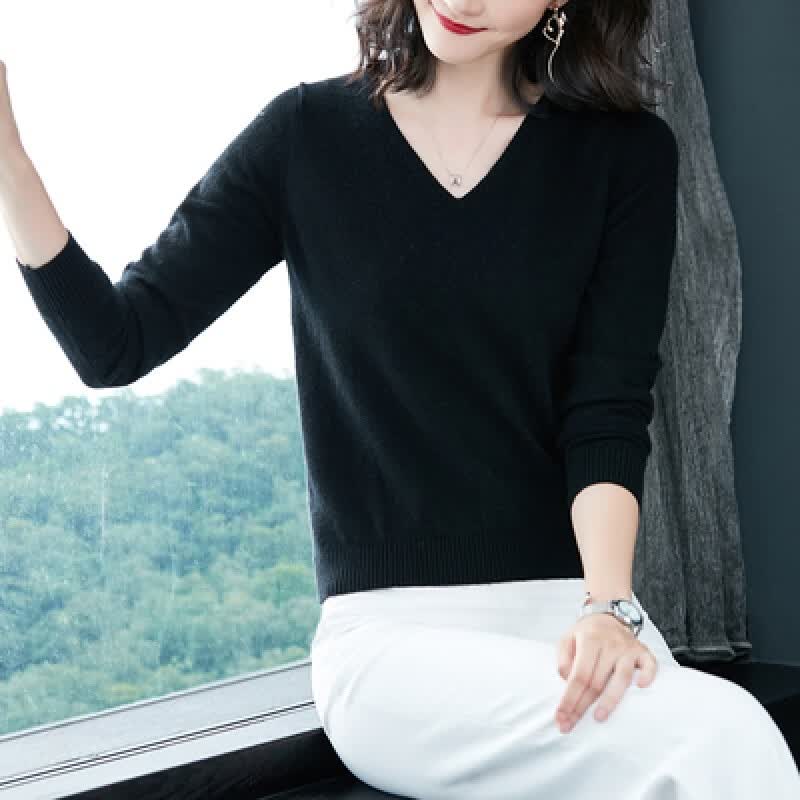 予瑾 低领羊绒羊毛衫女加厚春秋新款女式小v领衫修身衫打底毛衣针织衫