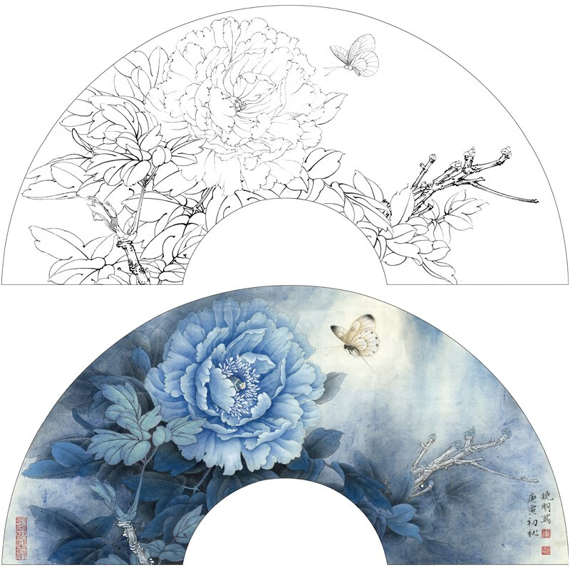 桔舍李晓明工笔画白描底稿牡丹白蝶原大33*66厘米花鸟线稿带a3步骤图