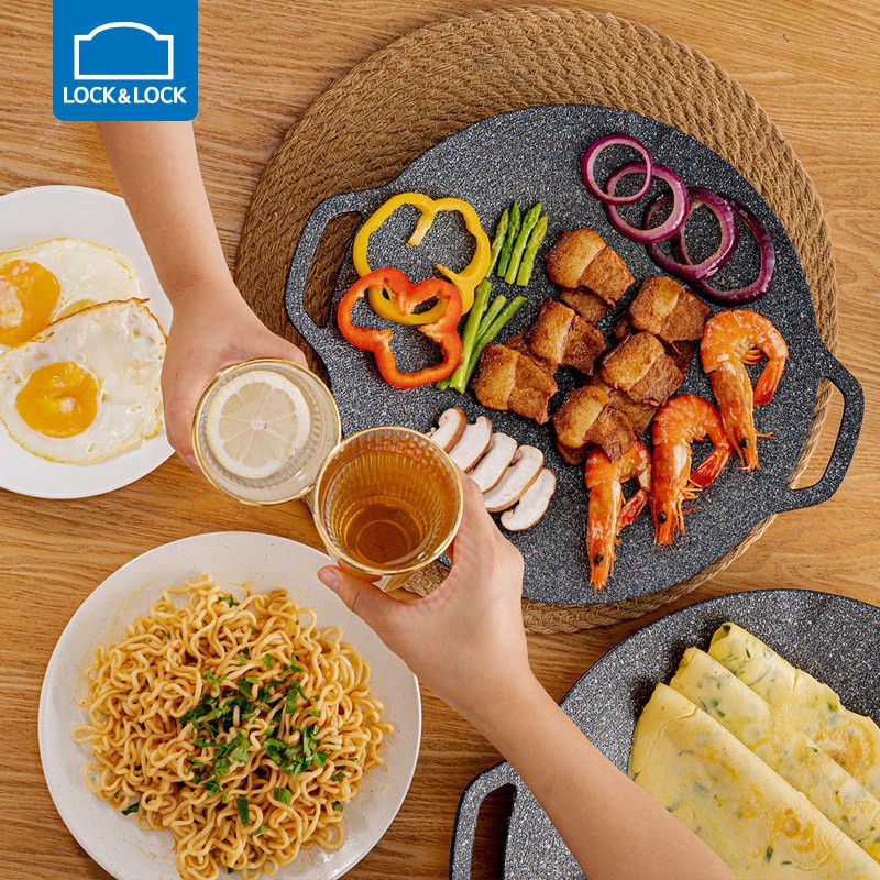 乐扣乐扣（LOCK&LOCK）烤肉盘麦饭石色煎盘韩式不粘煎烤盘平底锅户外露营野餐烧烤锅家用 烤盘【36cm】【配手柄】