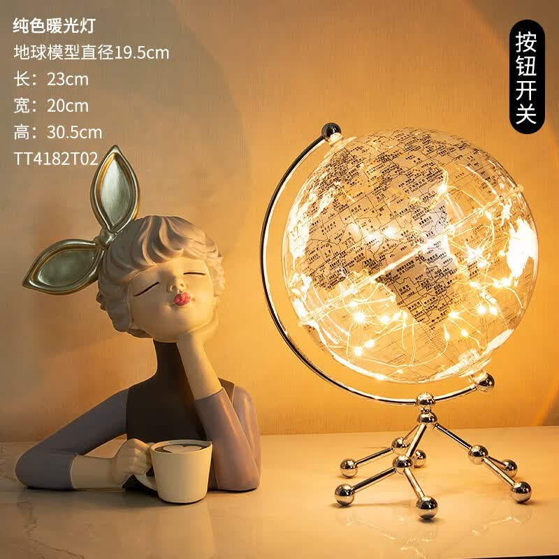 创意透明地球仪摆件轻奢高档客厅电视柜办公室书房桌面家居装饰品 银色带灯+小女孩灰色
