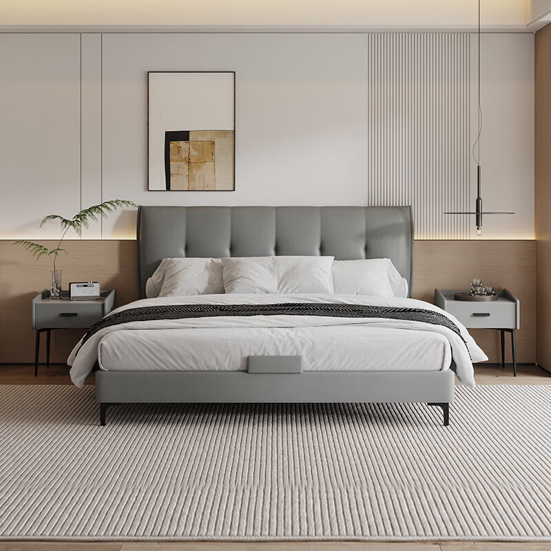 掌上明珠家居(m&z)真皮软床 简约薄床头灰色头层牛皮真皮软包双人床1.