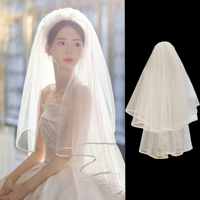 约定感头纱新娘主婚纱拍照道具求婚中长款登记领证结婚盖头纱 白色 80