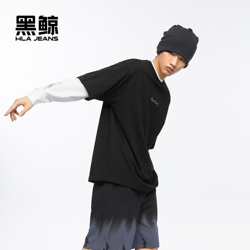 黑鲸字母印花短袖t恤男夏季清爽休闲黑色短t男圆领宽松 黑色70 165