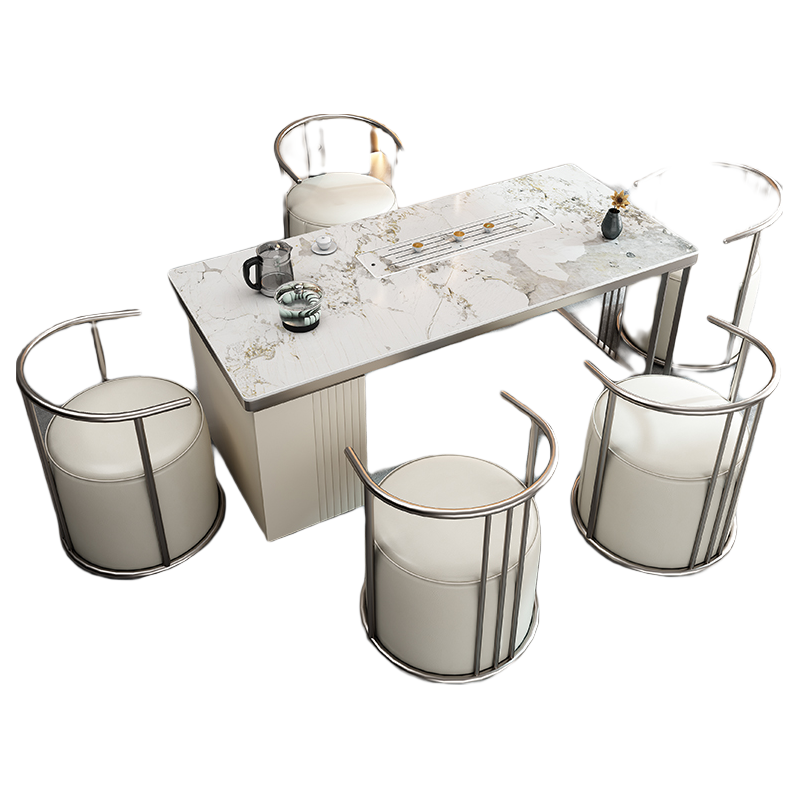 尊兰卡 轻奢亮光岩板茶桌椅组合现代简约功夫茶几茶具套装一体办公室展厅茶台1.8米大板烧水壶家用茶艺桌 潘多拉岩板茶桌+主椅+4把客椅 200*80*75高