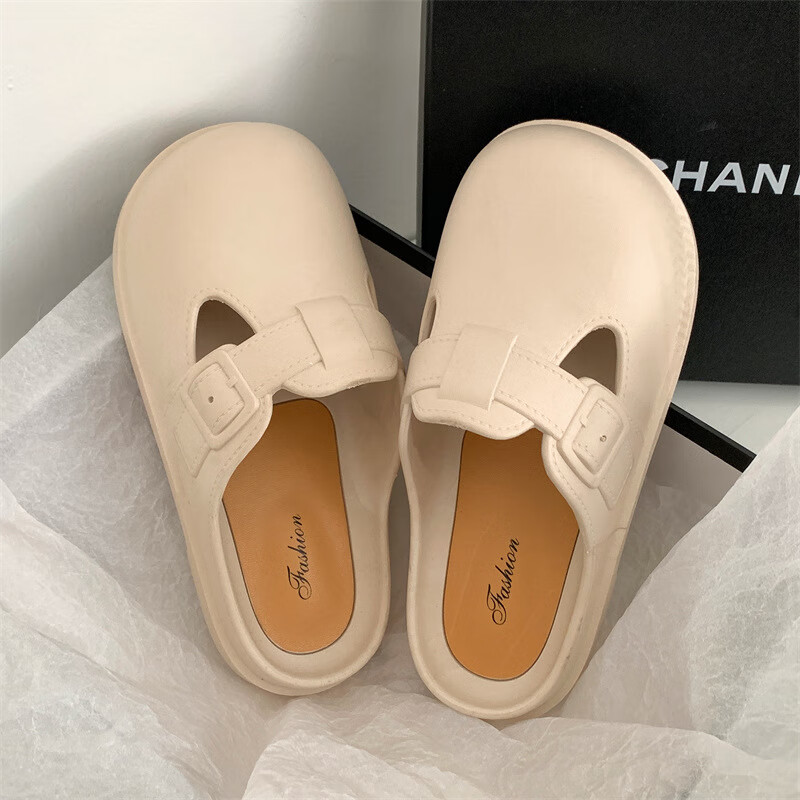 勃肯鞋包头半拖鞋女夏季简约风舒适轻便懒人单鞋外穿平底凉拖鞋女 白色 36-37