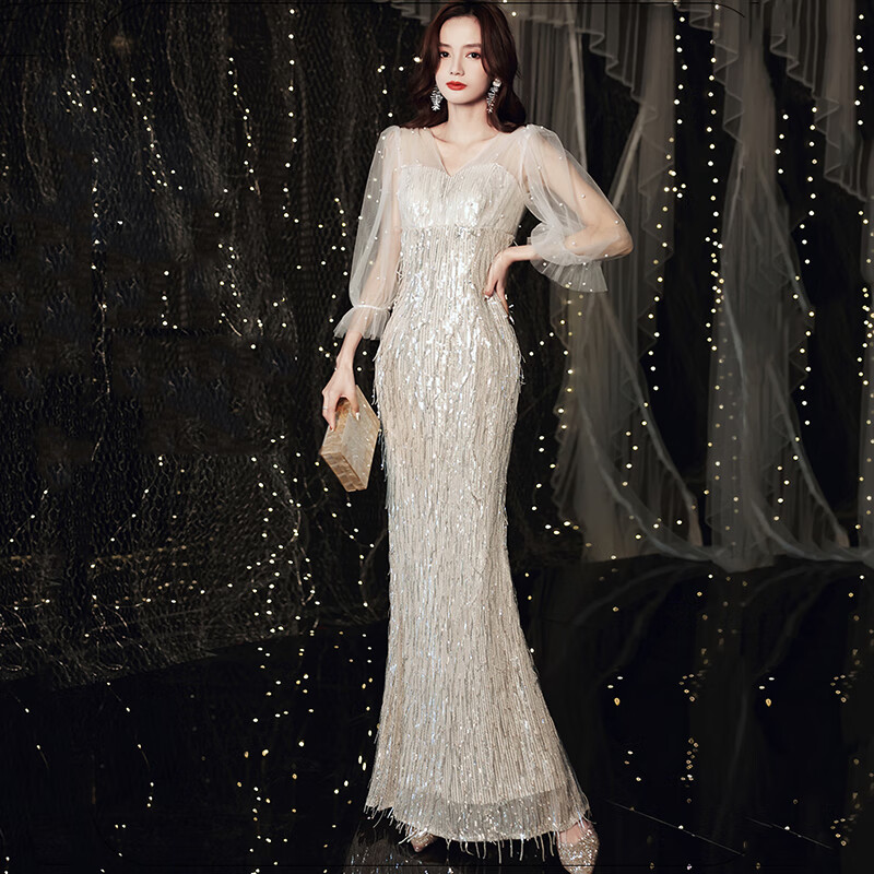 诺丽缇金色晚礼服女2023新款宴会气质长款亮片高端大气优雅名媛年会