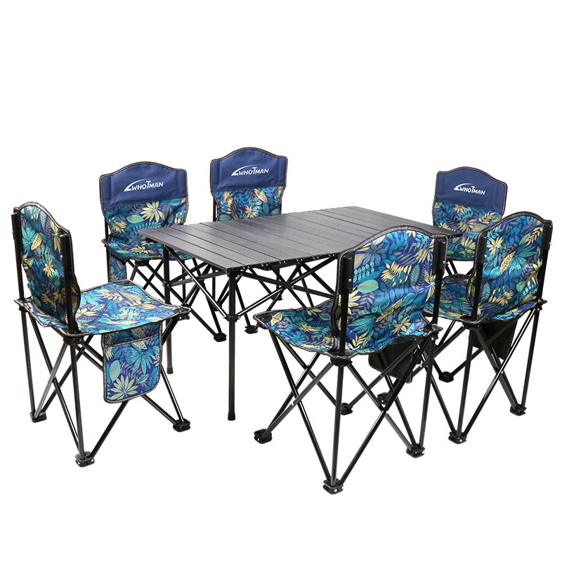 沃特曼(Whotman)户外桌椅套装折叠铝桌烧烤野餐桌椅阳台凳子便携露营桌椅 七件套花色 70257
