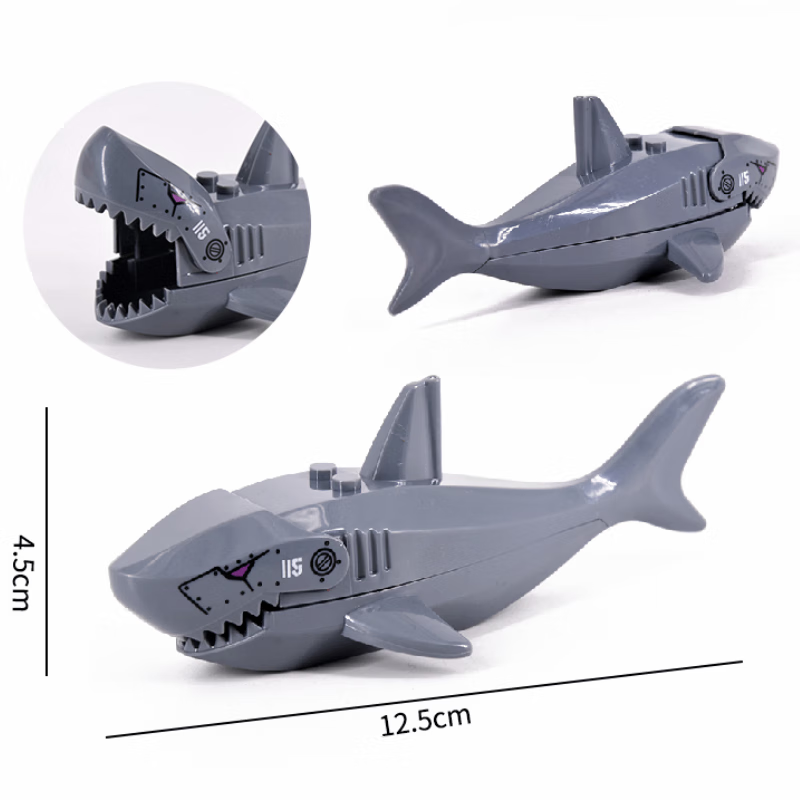 兼容乐高六一积木人仔海洋咬手鲨鱼抽抽乐男孩 灰色机械大鲨鱼 可咬一