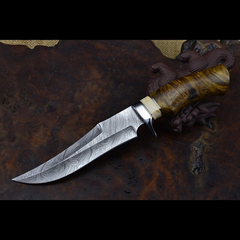 雨轩户外 锻造流水纹大马士革钢刀手工制作稳定化木榴冰种猛犸牙手柄