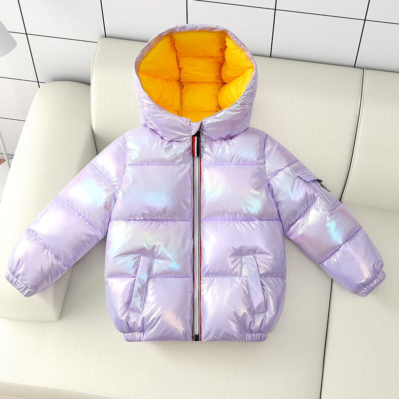 冬季新款儿童羽绒服大中小童宝宝男童女童装加厚亮面白鸭绒外套 炫彩淡紫色 120(偏小一码)
