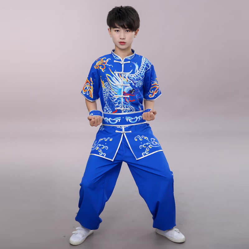 新款中國(guó)風(fēng)武術(shù)表演服兒童武術(shù)比賽體考競(jìng)賽太極拳演出服裝青少年 藍(lán)色短袖 160碼 身高155~164cm