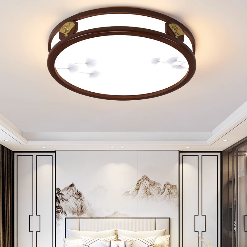 灯诺堡新中式吸顶灯大气中国风胡桃木led餐厅卧室灯具实木长方形客厅灯 实木圆83cm无极调光