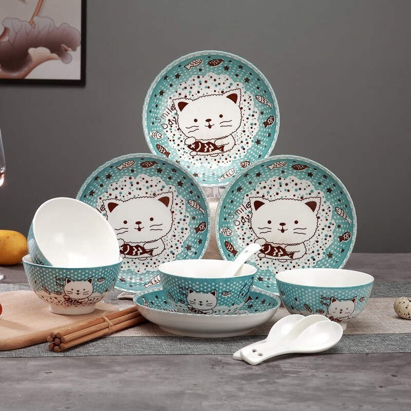 孟垣16件套网红卡通猫咪可爱碗盘组合餐具套装欧式家用陶瓷吃饭碗勺筷子 可爱猫咪16件套套装