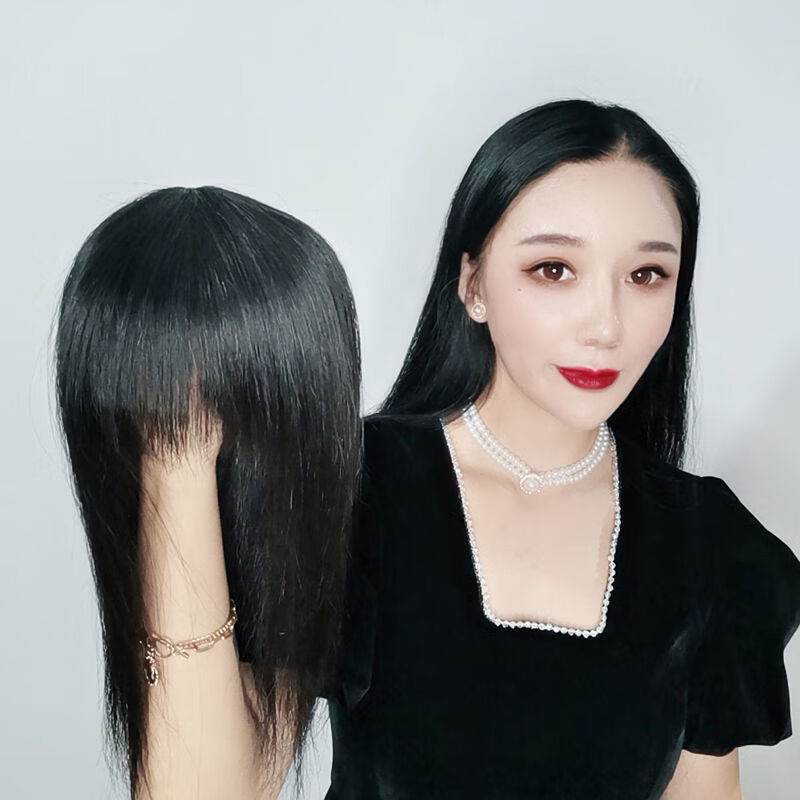 片齐斜刘海可扎大网底轻薄透气 (自然黑)全真发 头发长15cm约到耳朵