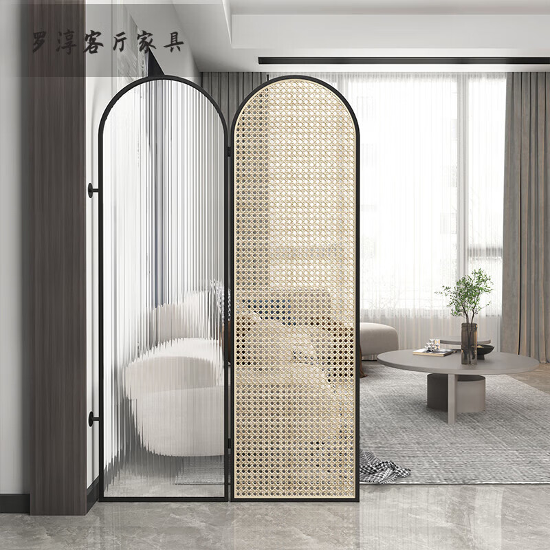 出写现代轻奢藤编长虹玻璃客厅隔断装饰简约铁艺网红折叠移动玄关屏风