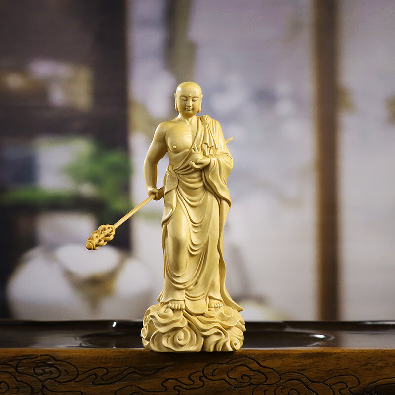 黄杨木雕地藏王摆件家居装饰客厅木质工艺品收藏 15厘米(大叶黄杨木)