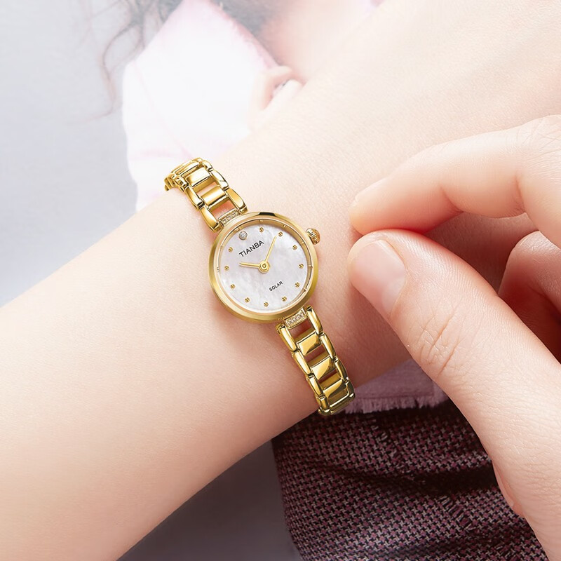 天霸（TIANBA）太阳能光能女表时尚贝母表盘手链表钢带小表盘女士防水手表TL9012 气质优雅金