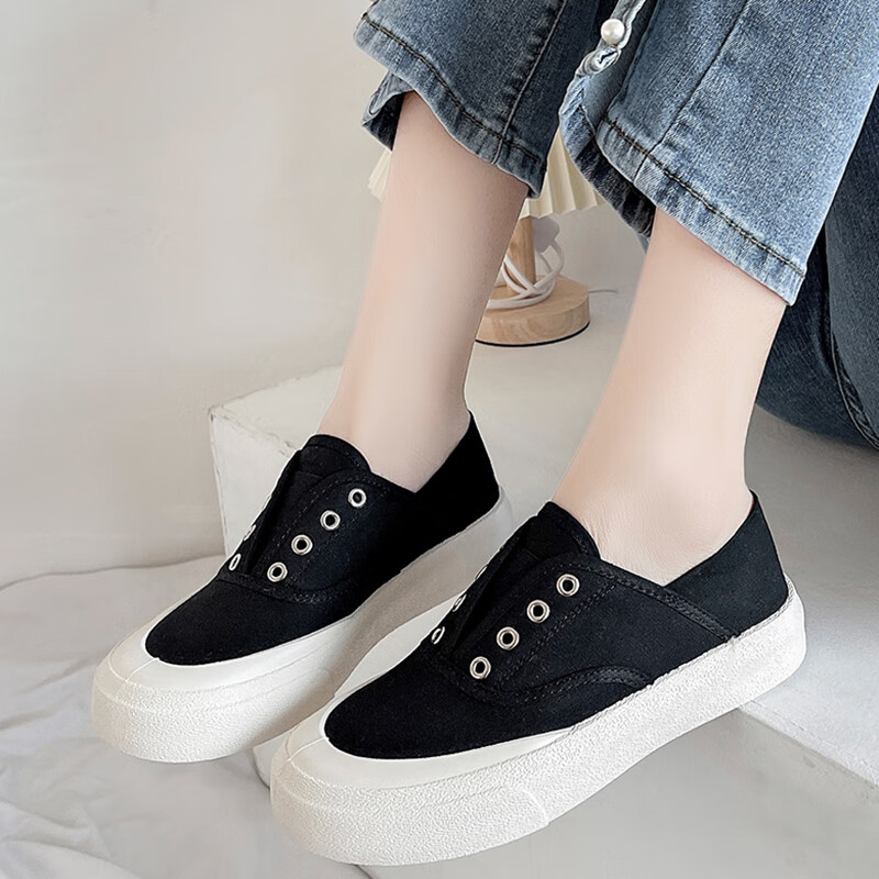 麦潮尚  宽头运动鞋女 大脚骨一脚蹬帆布鞋踩脚两穿新款软底小白鞋