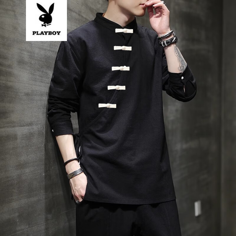 花花公子中国风衬衫男长袖复古风新中式斜襟唐装打底衫汉服居士服禅服男装 黑色 5XL(190斤以内)使用感如何?