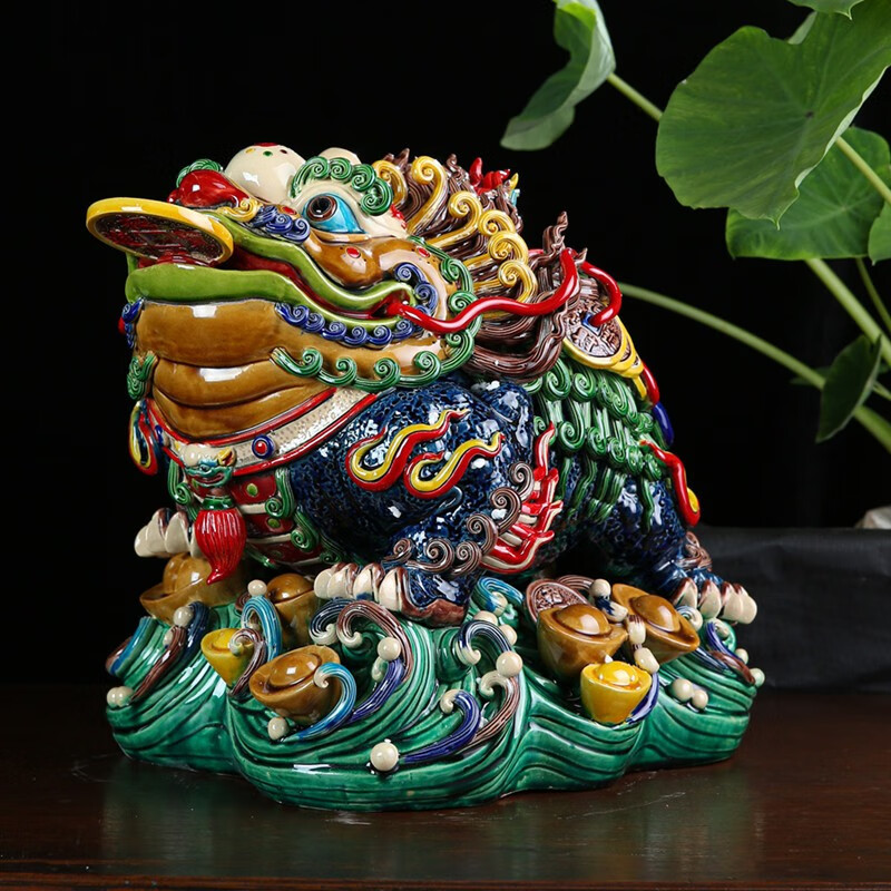 蝉金蟾蜍石湾公仔彩陶瓷工艺品交趾陶摆件新款家居动物摆设 图片色