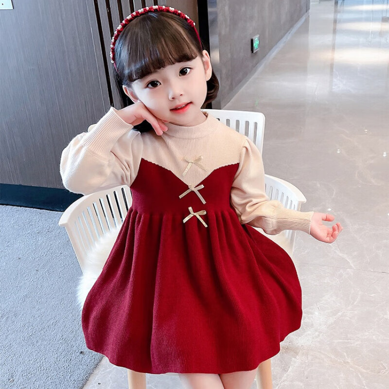 儿童连衣裙春秋季女童公主裙小孩子裙子春装款中小童宝宝衣服 酒红色