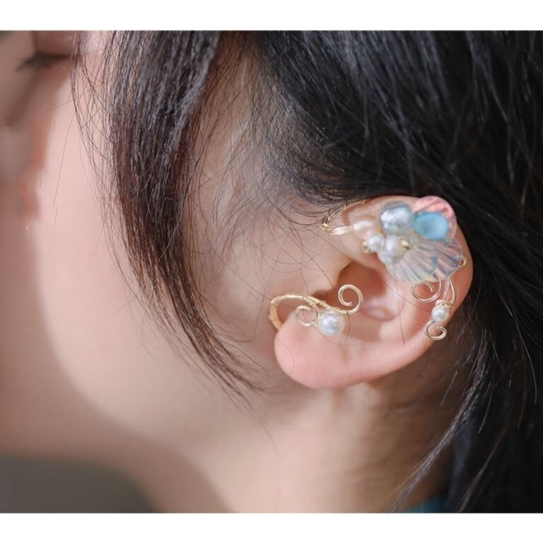 没有耳洞可以带的耳环人鱼人鱼配饰首饰品耳钩 蓝色洋气短款耳挂左耳