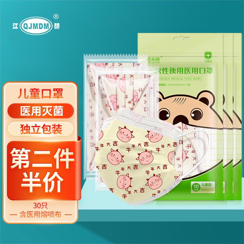 口罩价格分析助手,呓朵婂医用儿童口罩牛头小狗图案4至12岁一次性灭菌三层防护小孩口罩牛牛【30只】