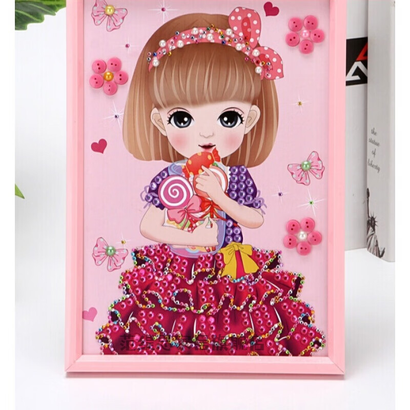 儿童diy制作材料包免胶亲子幼儿园纽扣画 红花花公主2(相框 免胶水)