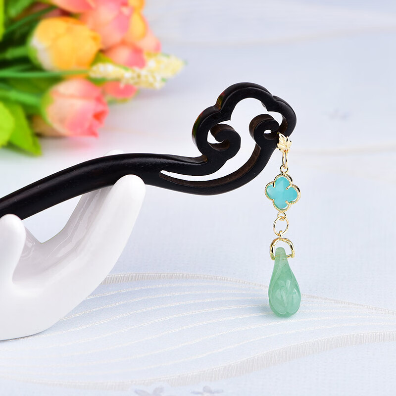 古风发簪步摇汉服头饰清新绿东陵玉流苏古装发饰古典气质发钗簪子 绿