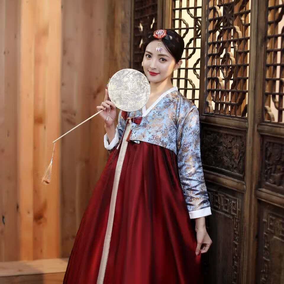 云芳舒朝鲜族服装女礼传统改良印花韩朝鲜族民族风舞蹈演出 富贵酒红