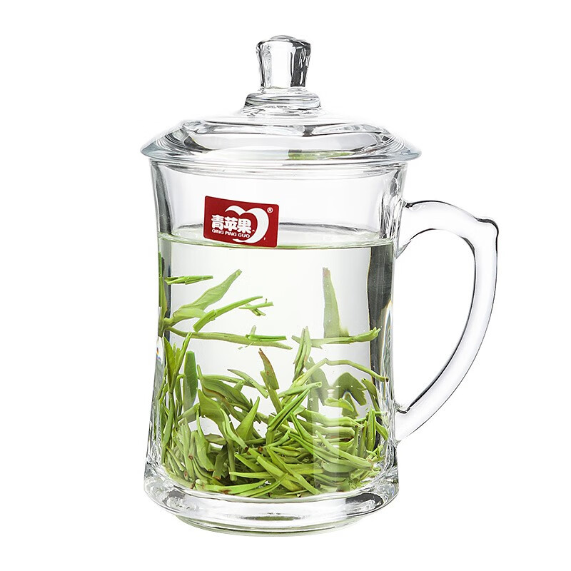 青苹果加厚耐热玻璃茶杯带盖茶饮杯盖杯带把杯子办公家用喝水杯泡茶杯 dsz002-425ml2只