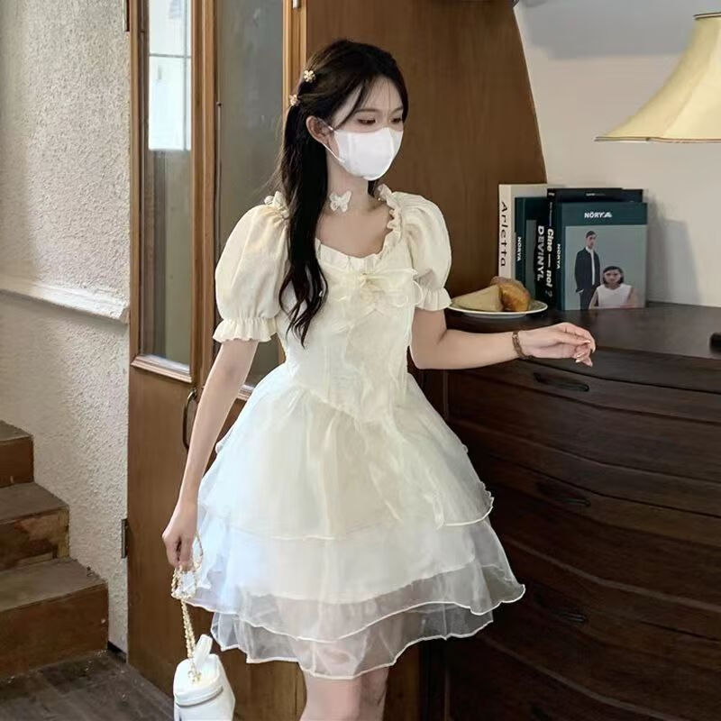 glr日系少女蝴蝶结蕾丝蓬蓬裙设计感仙女2023夏季公主裙甜美三层纱裙
