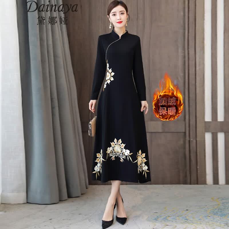 黛娜娅 旗袍女2022秋冬季新款优雅气质中式女装中国风日常改良复古礼服中长款刺绣连衣裙 3052 黑色 4XL怎么看?