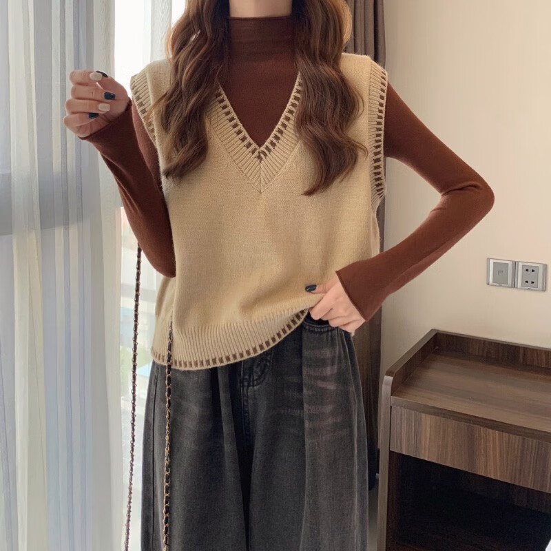 翊尚美针织马甲女春秋可外穿短款V领背心上衣新款宽松内搭坎肩 杏色 均码 【推荐80-140斤】