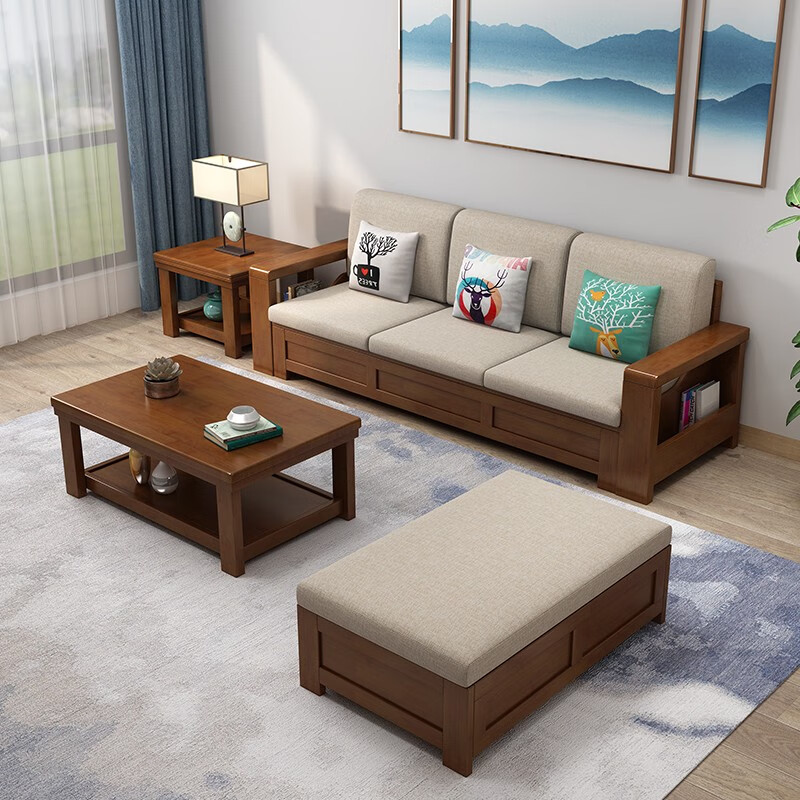 小默工坊新中式实木沙发客厅家具现代简约三人位小户型布艺沙发组合套装