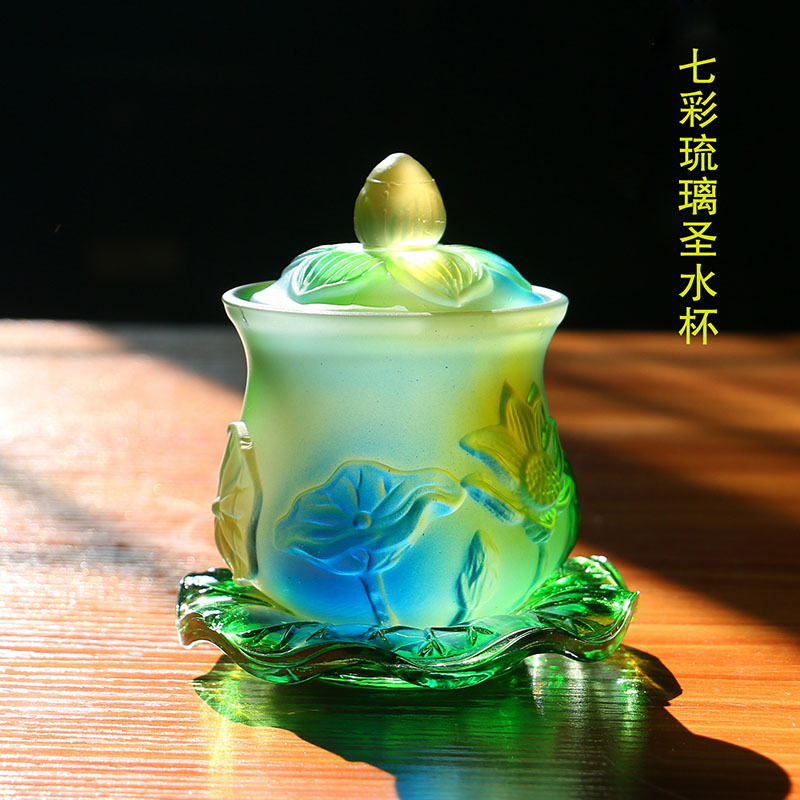 七寶蓮 供佛水杯佛堂圣水杯浮蓮花琉璃佛杯凈水杯佛具 彩色 中號（高10厘米）