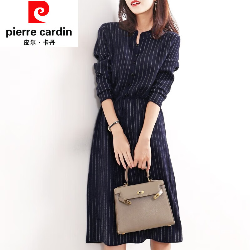 皮尔卡丹品牌女装针织连衣裙女秋冬2022新款中长款羊毛韩版显瘦条纹