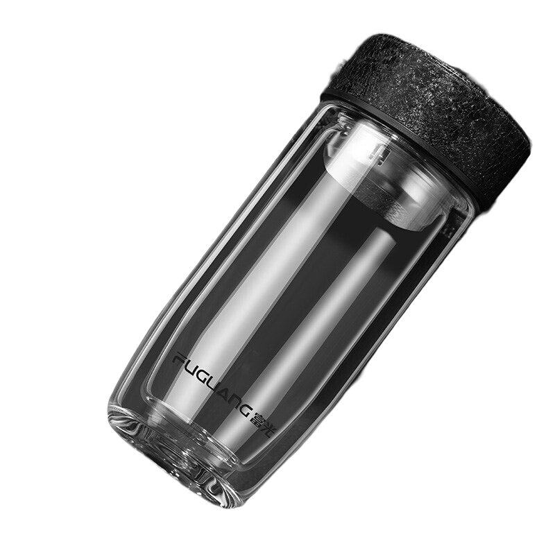 富光玻璃杯雙層鵝蛋形水杯加厚隔熱耐高溫透明杯子茶杯刻字便攜車載 黑色400ml(冰花蓋)