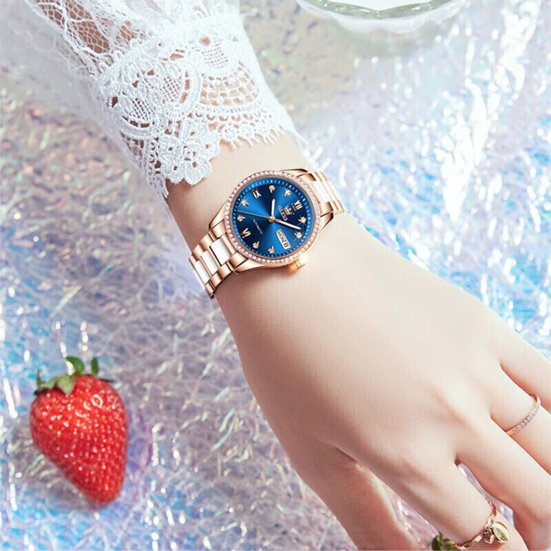 欧利时（OLEVS）瑞士认证手表女士全自动机械表女表防水夜光时尚镶钻商务女士手表 升级版6637陶瓷玫壳红面免费刻字