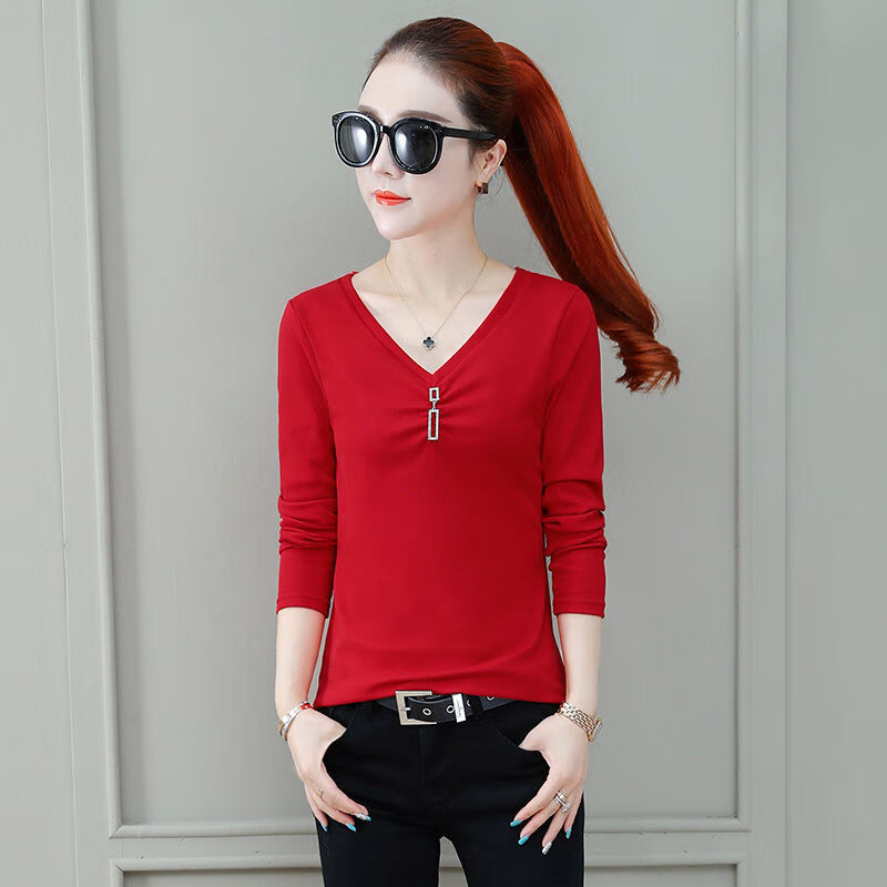 95棉长袖t恤女2022春季新款修身内搭洋气小衫v领遮肚子打底衫上 红 