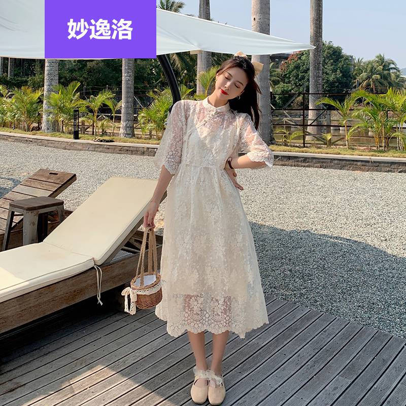 妙逸洛夏季新款复古蕾丝旗袍宽松连衣裙胖mm中长款显瘦短袖裙微胖女穿